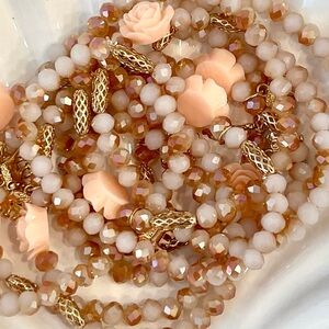 Glass Beaded Bracelet With Rose & Elephant Charms NWOT